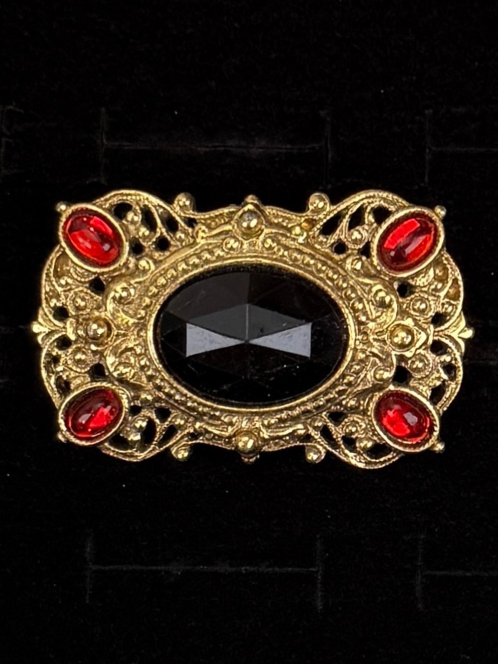 Vintage Gold Tone Filigree Brooch Black Red Cabochon Victorian Revival